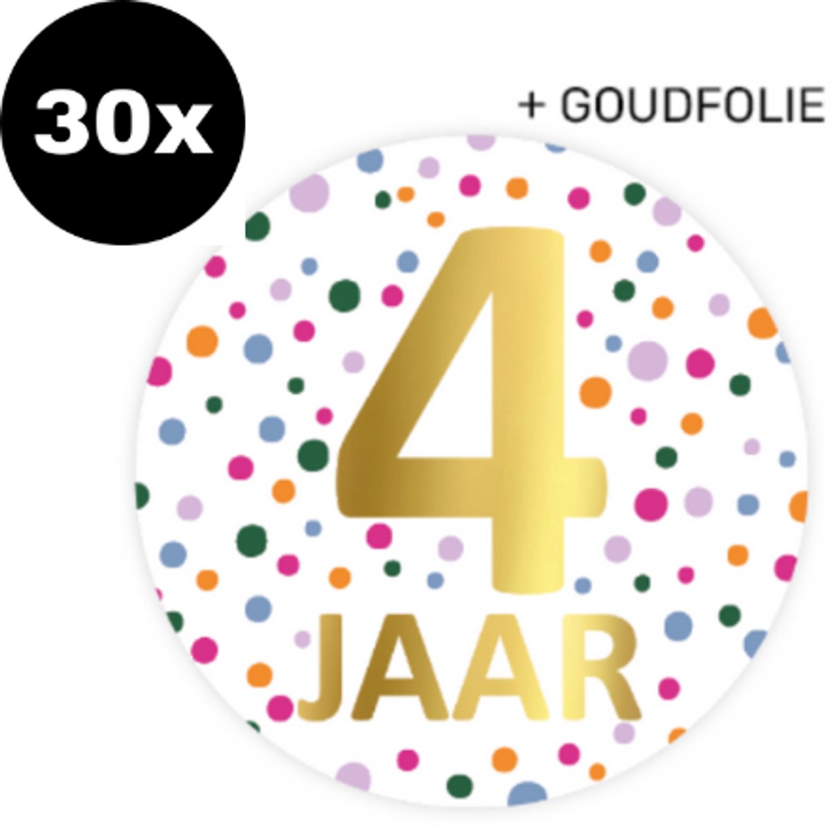 30x ZOETTT Sluitsticker Hoera 4 jaar! | Confetti | 50 mm | Traktatiesticker Hoera | Cadeausticker | Sluitzegel | Sluitsticker | Traktatie - Verjaardag - Feest | Kinder traktatie